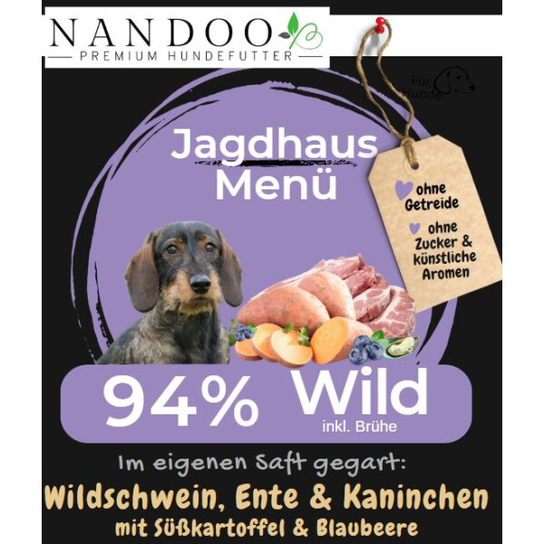 NANDOO Jagdhaus Menü – Wildschwein, Ente, Kaninchen mit Süßkartoffel, Blaubeere, Hagebutte & Grünlippmuschel 400g