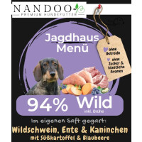 NANDOO Jagdhaus Menü – Wildschwein, Ente, Kaninchen mit Süßkartoffel, Blaubeere, Hagebutte & Grünlippmuschel 400g