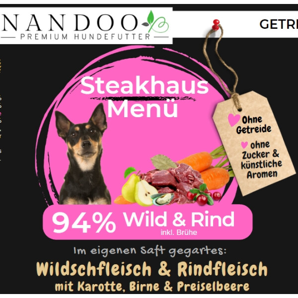 NANDOO Steakhaus Menü – Wild & Rind mit Karotte, Birne, Preiselbeeren & Grünlippmuschel 400g