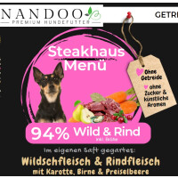 NANDOO Steakhaus Menü – Wild & Rind mit Karotte, Birne, Preiselbeeren & Grünlippmuschel 400g